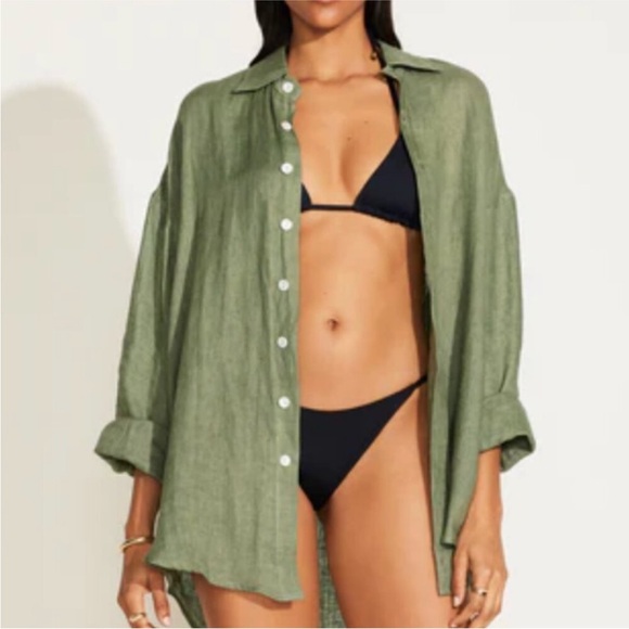 Vitamin A Tops - Vitamin A Playa Oversized Linen Shirt Cover-Up Olive Green Beach Pool Medium